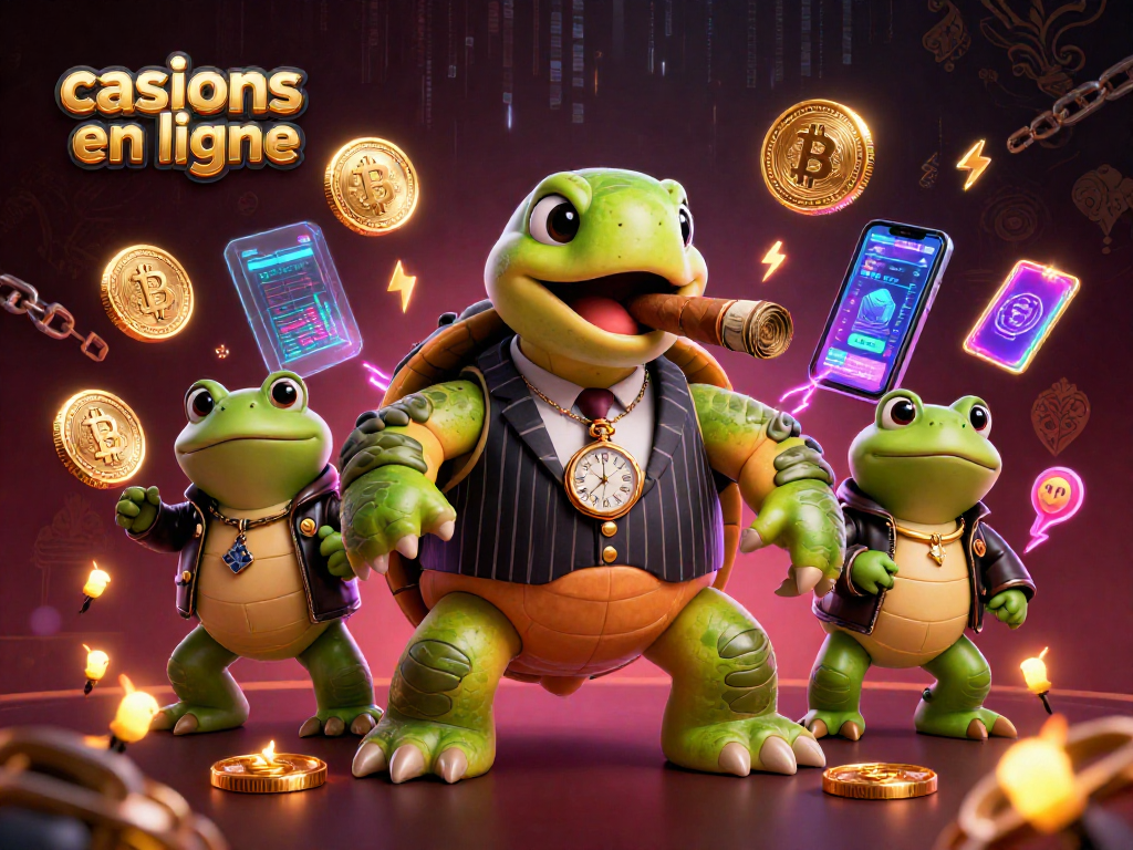 Jouez aux casinos en ligne avec une illustration du turtle gangster entouré de grenouilles et d'éléments numériques.