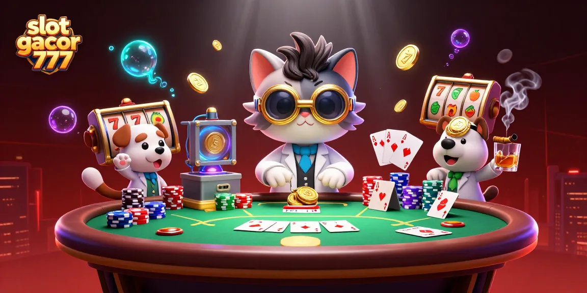 Engage with the slot gacor 777 scene filled with a cartoon mad scientist cat, poker elements, and gold coins.