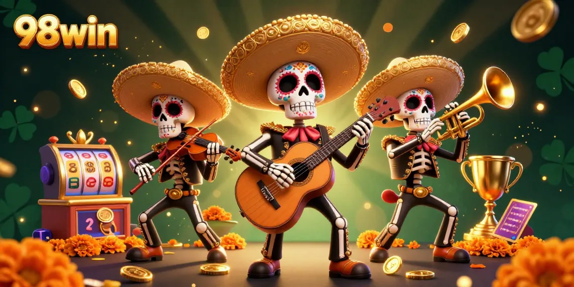 Experience the thrilling world of 98win with vibrant Day of the Dead characters and dynamic casino elements.