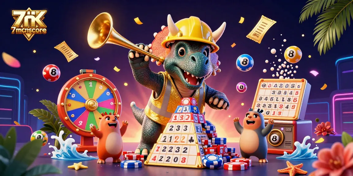 Celebrate with 7mcnscore as a triceratops builds poker chip pyramids with colorful lottery balls.