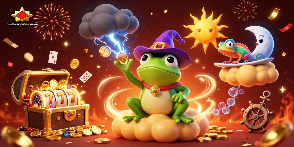 A vibrant illustration of a wizard frog and chameleon at an australianonlinecasino, surrounded by gold coins and celebrating.