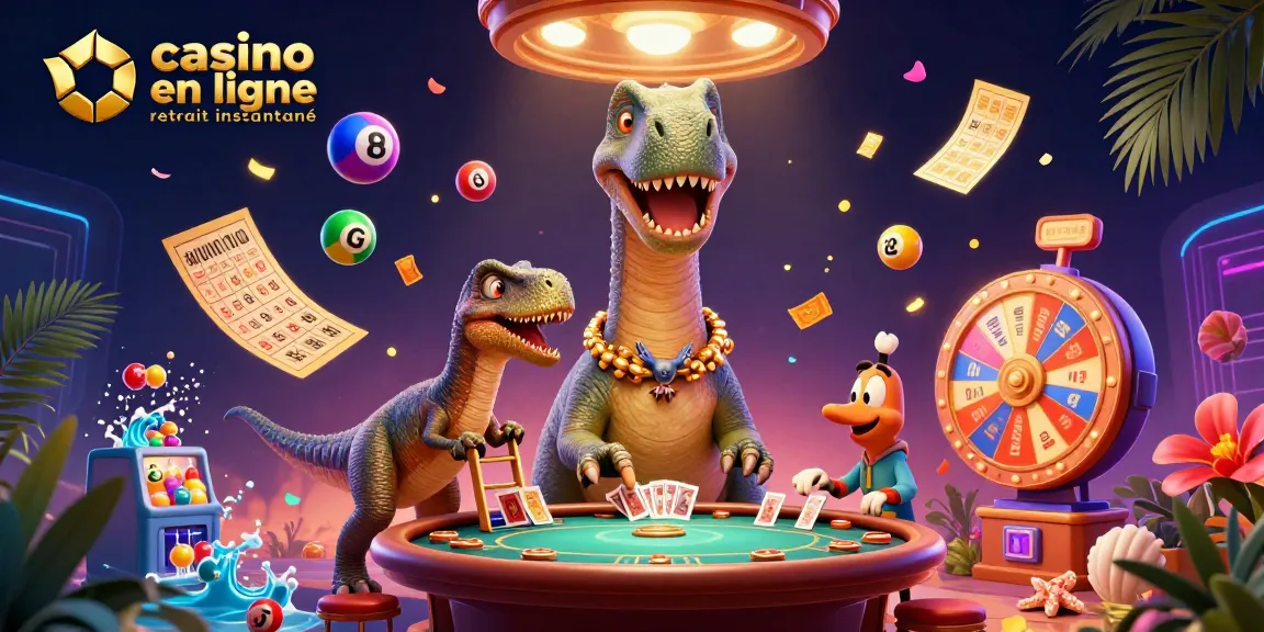 Illustration dynamique représentant un brontosaurus dans un casino, évoquant le retrait instantané aux casinos en ligne.