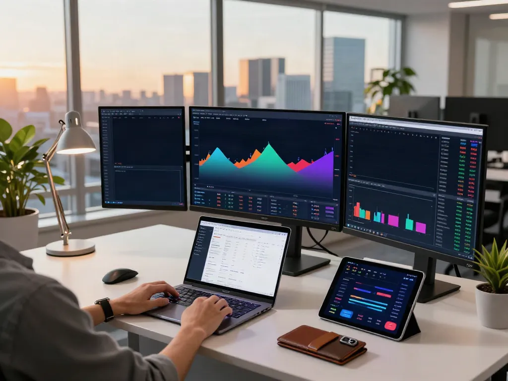 Crypto trading workspace with 東証 リアルタイムデータ API stock charts, emphasizing technology and innovation.