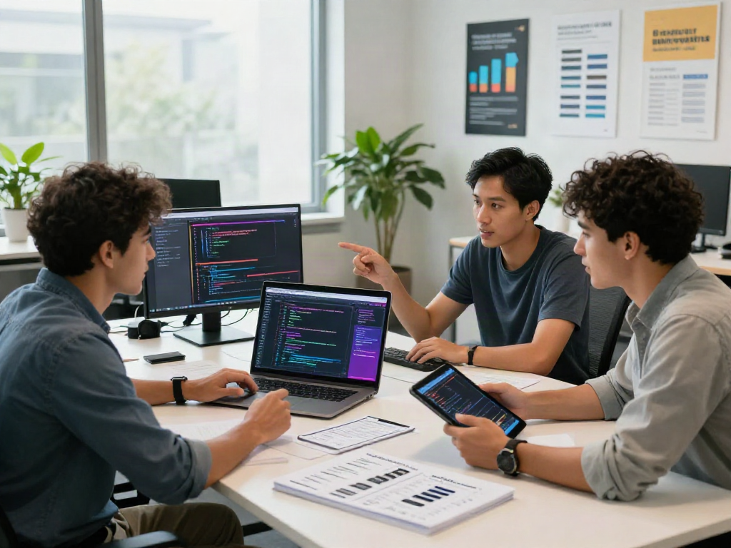 Collaborative tech office space where professionals crush on AI, showcasing coding and teamwork.