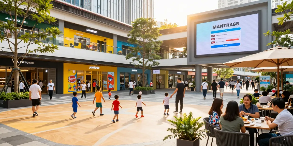 MANTRA88 login showcased in a vibrant commercial plaza filled with visitors enjoying various activities.