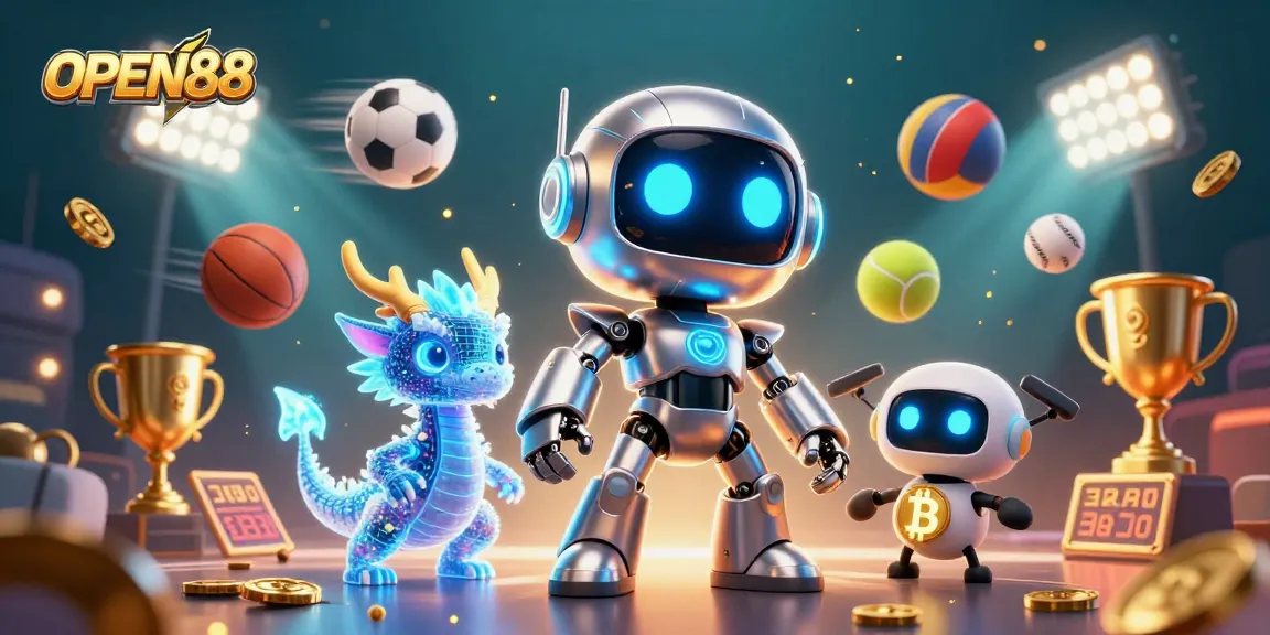 Engage with OPEN88's immersive gaming experience featuring a futuristic mascot and playful elements.