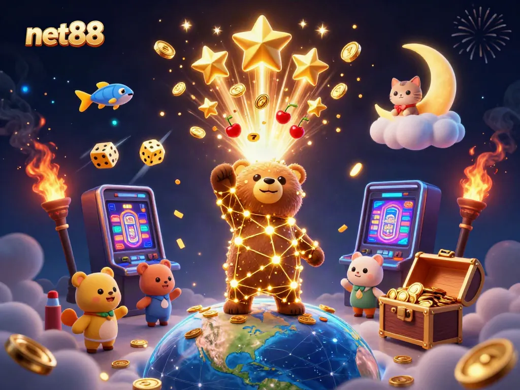 Experience thrilling gaming action with net88's vibrant 3D casino illustration, showcasing endless jackpots and excitement.