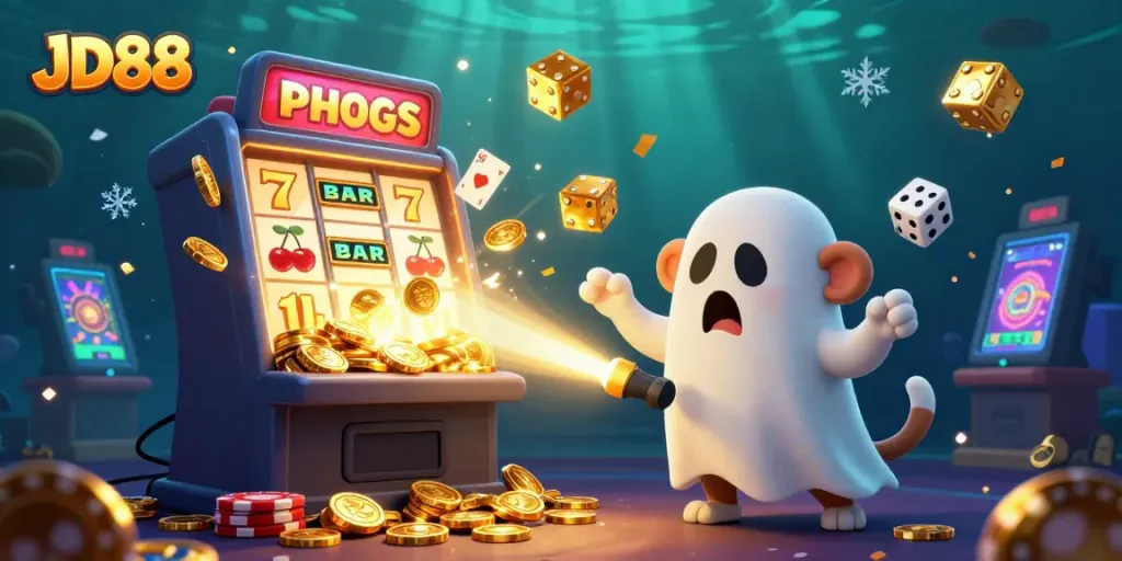 Experience the vibrant JD88 casino scene with a playful poltergeist monkey and curious puppy in a jackpot explosion.