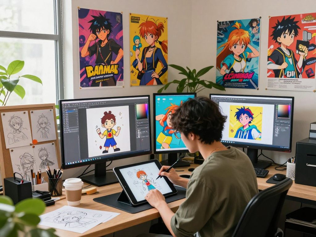 Engaging ai hentai chat illustration with artist creating anime characters in a colorful studio.