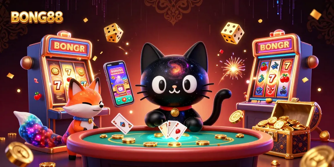 BONG88 features a cosmic casino scene with a black hole cat and colorful companions capturing golden winnings.