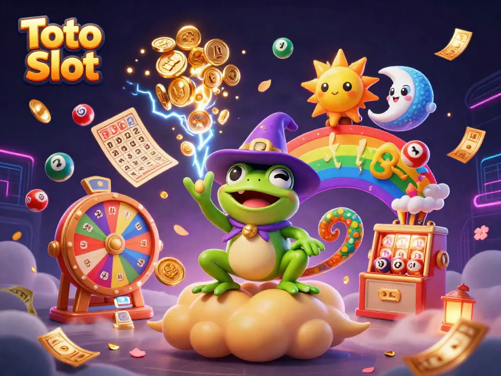 Menangkan jackpot dengan Toto Slot! Dalam ilustrasi, karakter unik menciptakan hujan uang emas dan efek kejutan.