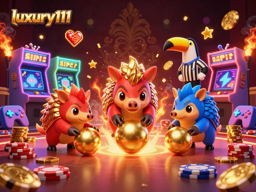 Engage with luxury111 as rival pangolins compete in a thrilling 3D casino game adventure, surrounded by vibrant elements.
