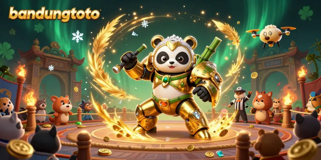 Engage in thrilling gameplay with bandungtoto as a panda battles in an exciting arena surrounded by cheering spectators.