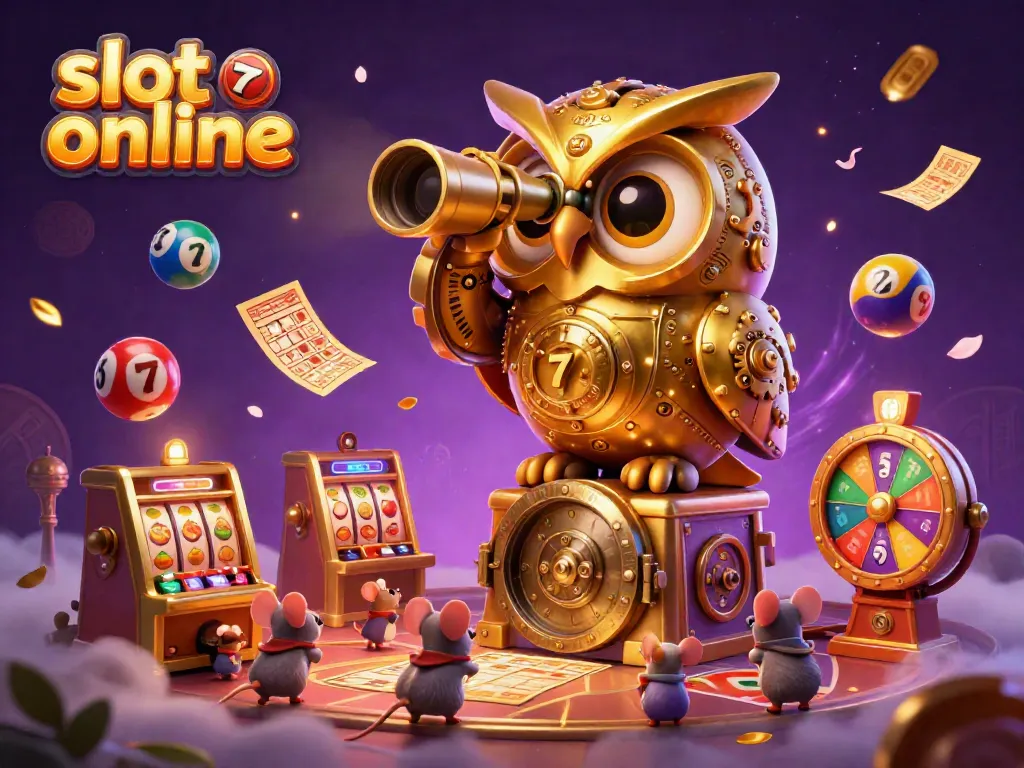 Experience the excitement of slot online with a golden owl and vibrant casino scene.