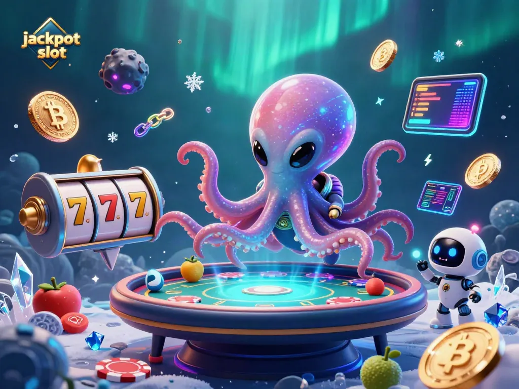 Engage in thrilling jackpot slot action with an alien octopus operating a dynamic holographic game.