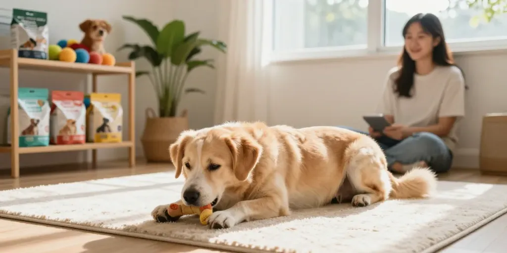 Calming Dog Treats being enjoyed by a relaxed dog in a sunny home environment.