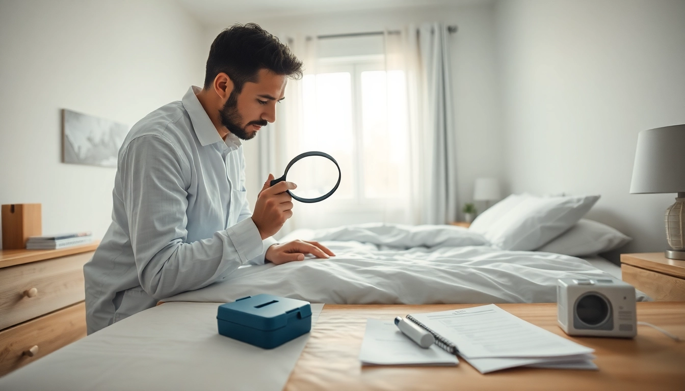 Engaging bed bug removal technician inspecting a bed in a bright, tidy bedroom.