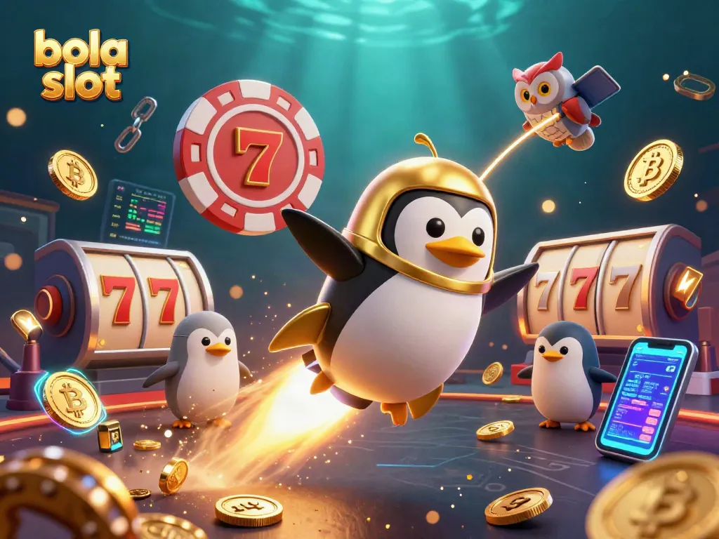 Bola slot game scene featuring a golden penguin and slot elements in vibrant 3D illustration