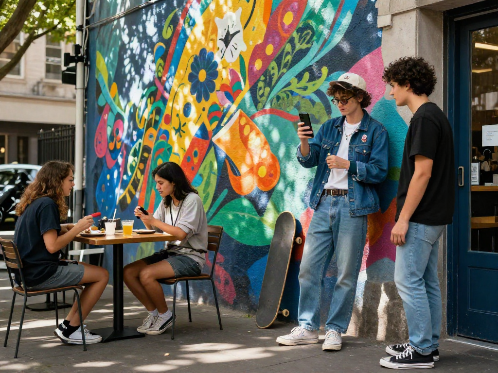 Person taking an attractiveness test in front of a colorful mural, capturing urban lifestyle.