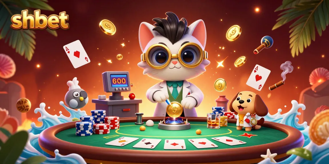 shbet offers an imaginative twist with a scene featuring a cat scientist and dog assistant creating fortune at the poker table