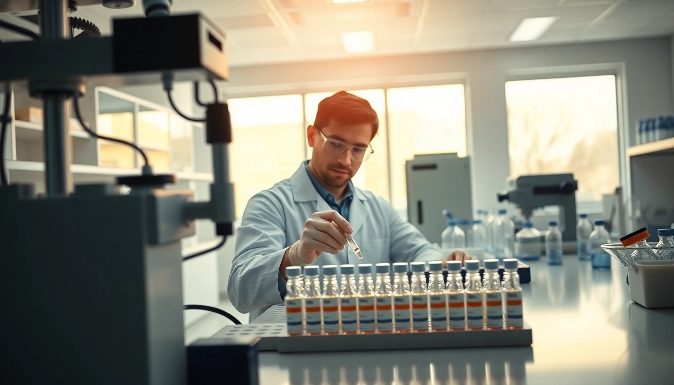 Analyzing peptide shop reviews through lab technician's focused work in a modern lab.