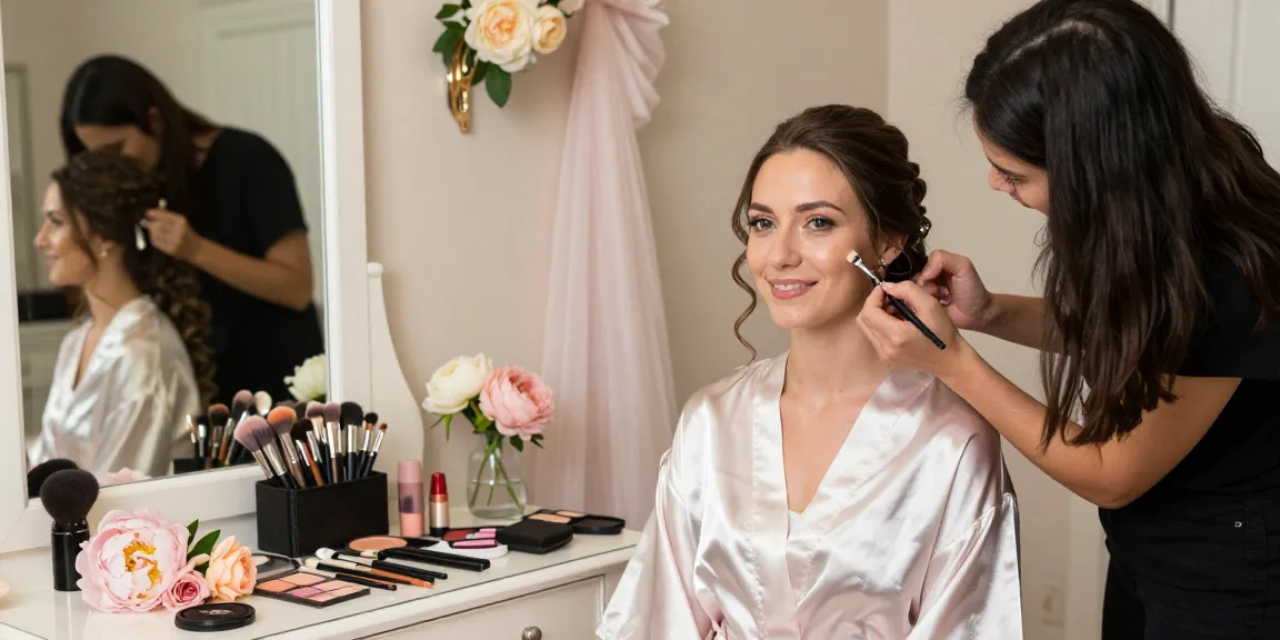 Trucco sposa in preparazione con artisti del trucco e decorazioni eleganti.