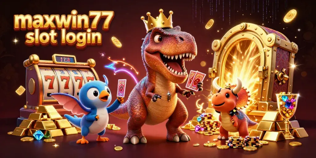 Engage with maxwin77 slot login through a fun dinosaur-themed casino scene featuring slot elements.