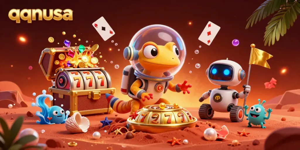 Engage with qqnusa as a Martian gecko uncovers a hidden golden casino in vibrant 3D illustration.