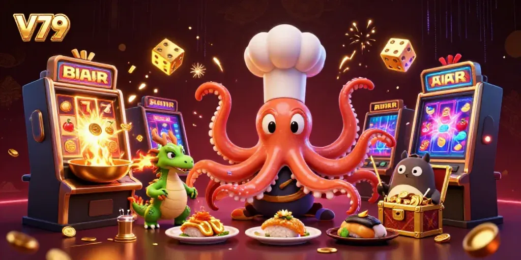 Experience thrilling gameplay at V79 with a sushi chef octopus, fiery dragon, and a tanuki customer.