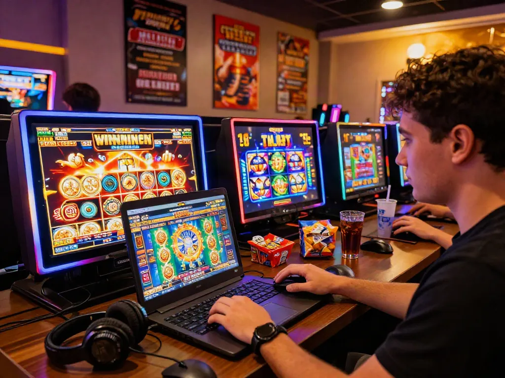 Engaged player enjoying slot resmi games in a vibrant online casino setup.
