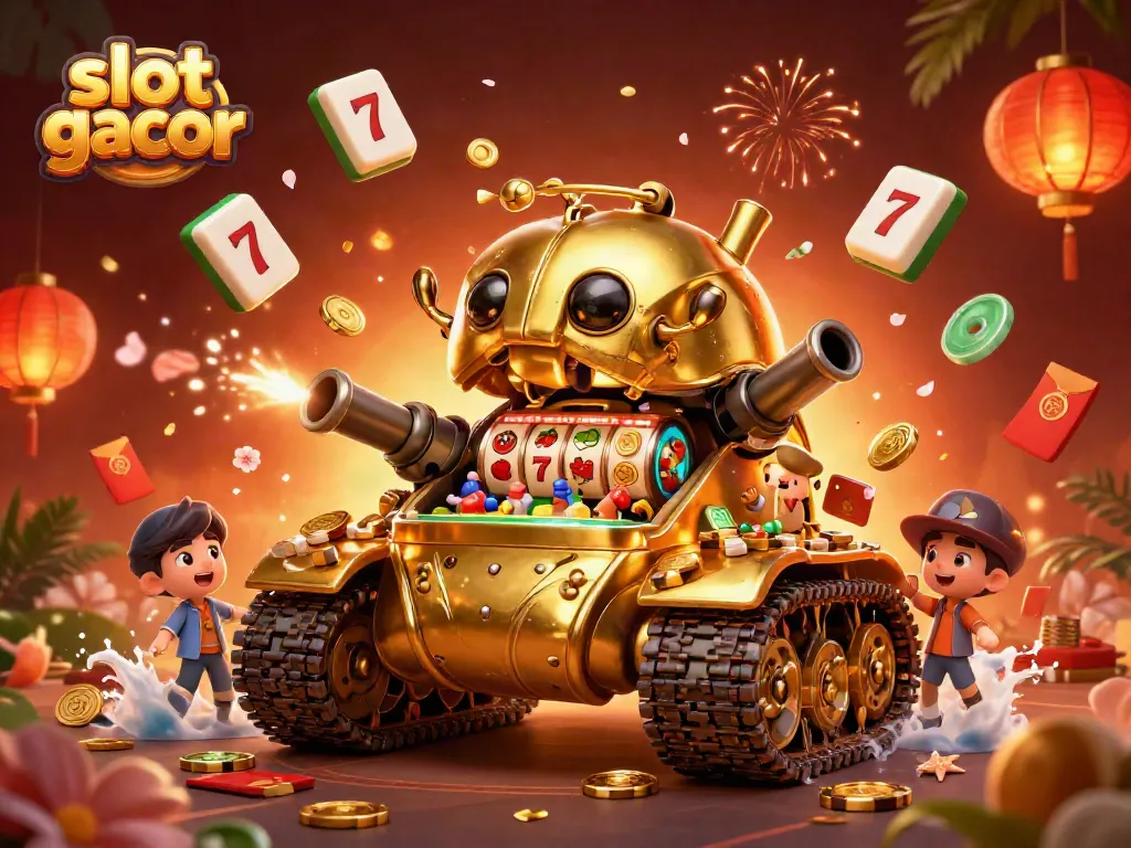 Visualisasi slot gacor dengan tank keong emas yang memuat kasino mini, simbol keberuntungan, dan banyak elemen permainan.