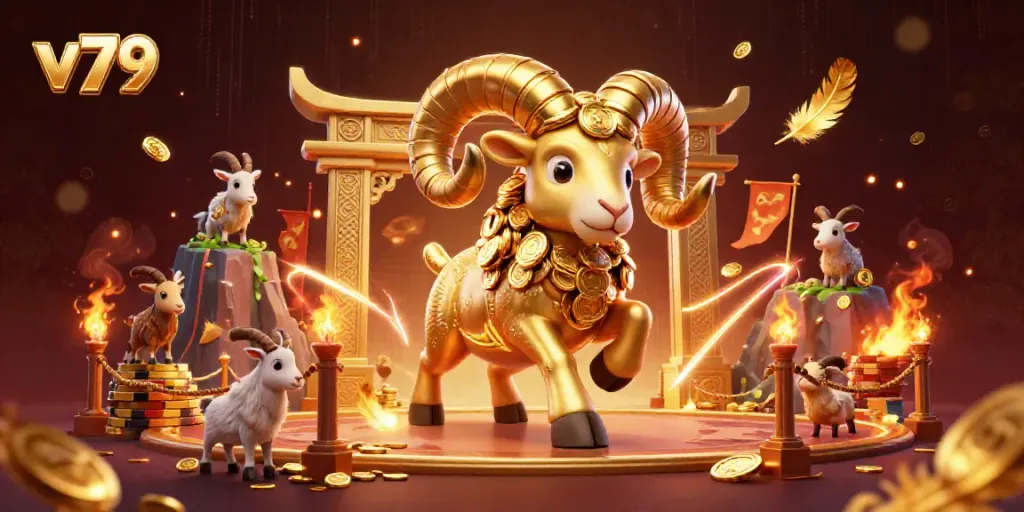 Experience v79's thrilling rush as a golden ram charges through a vibrant casino arena.