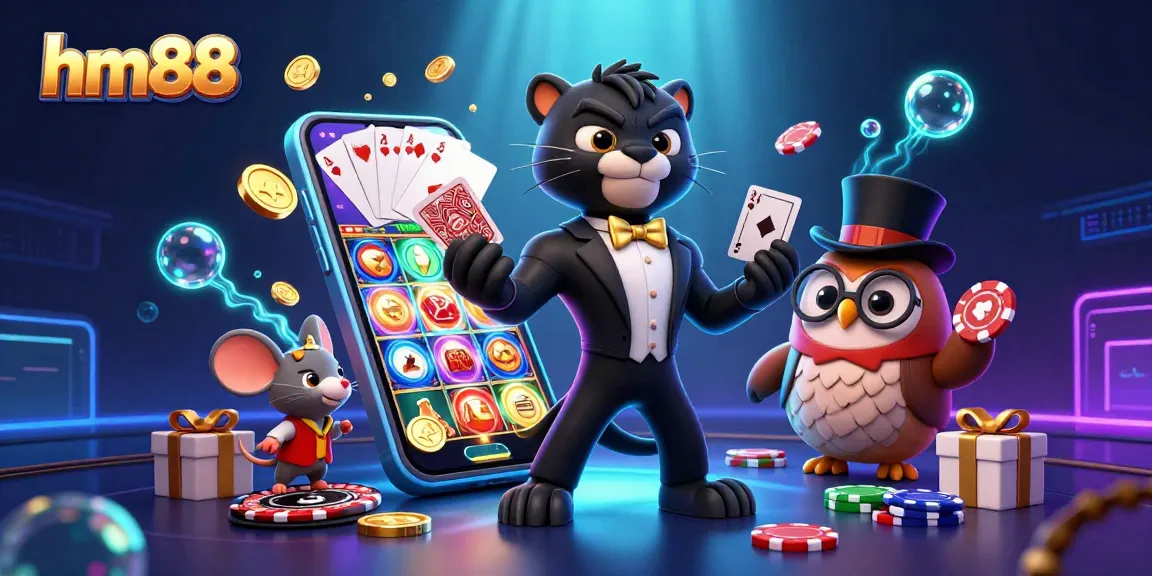 Engage in thrilling games at hm88, with a stylish panther, an owl, and a mouse in a colorful casino scene.