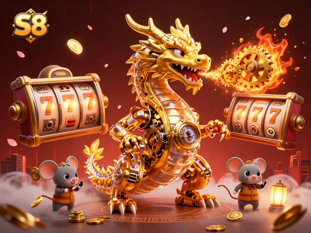 S8 offers vibrant casino experiences, featuring dynamic elements like slot reels and a golden dragon.