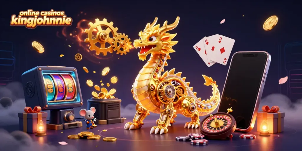Experience the thrill of online casinos kingjohnnie with a stunning dragon and casino games illustration.