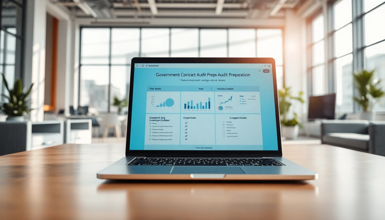 Showcase of government contract audit preparation software in a modern office aimed at enhancing compliance.