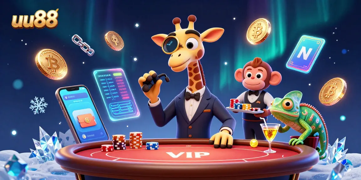 Bet on exciting games at uu88 with vibrant illustrations of a high-roller giraffe and dynamic casino elements.