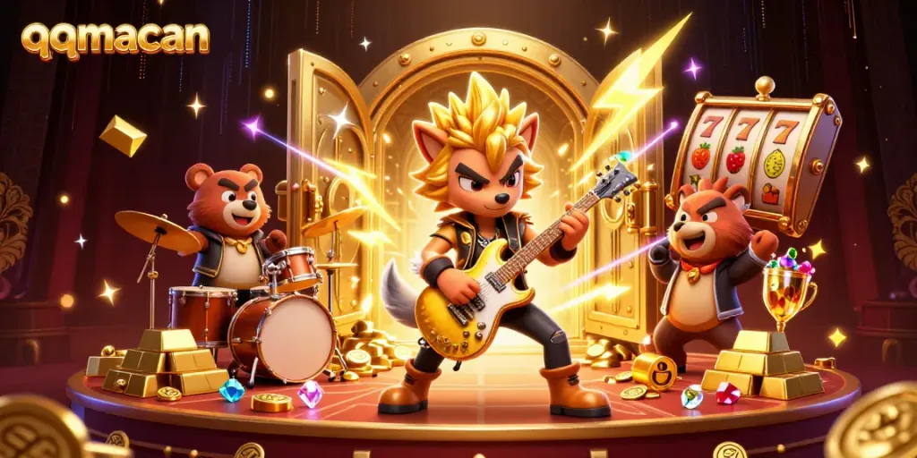 Experience excitement at qqmacan with a lively casino stage featuring playful characters and jackpot elements