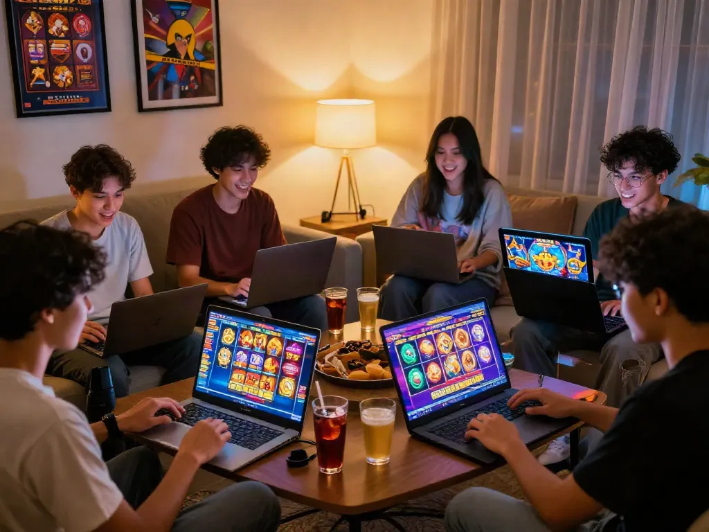 Excited friends playing slot online gacor games on laptops in a lively home setting.