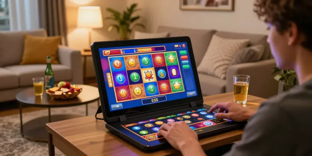 Player immersed in สล็อตเว็บตรง game on tablet, cozy living room setting.