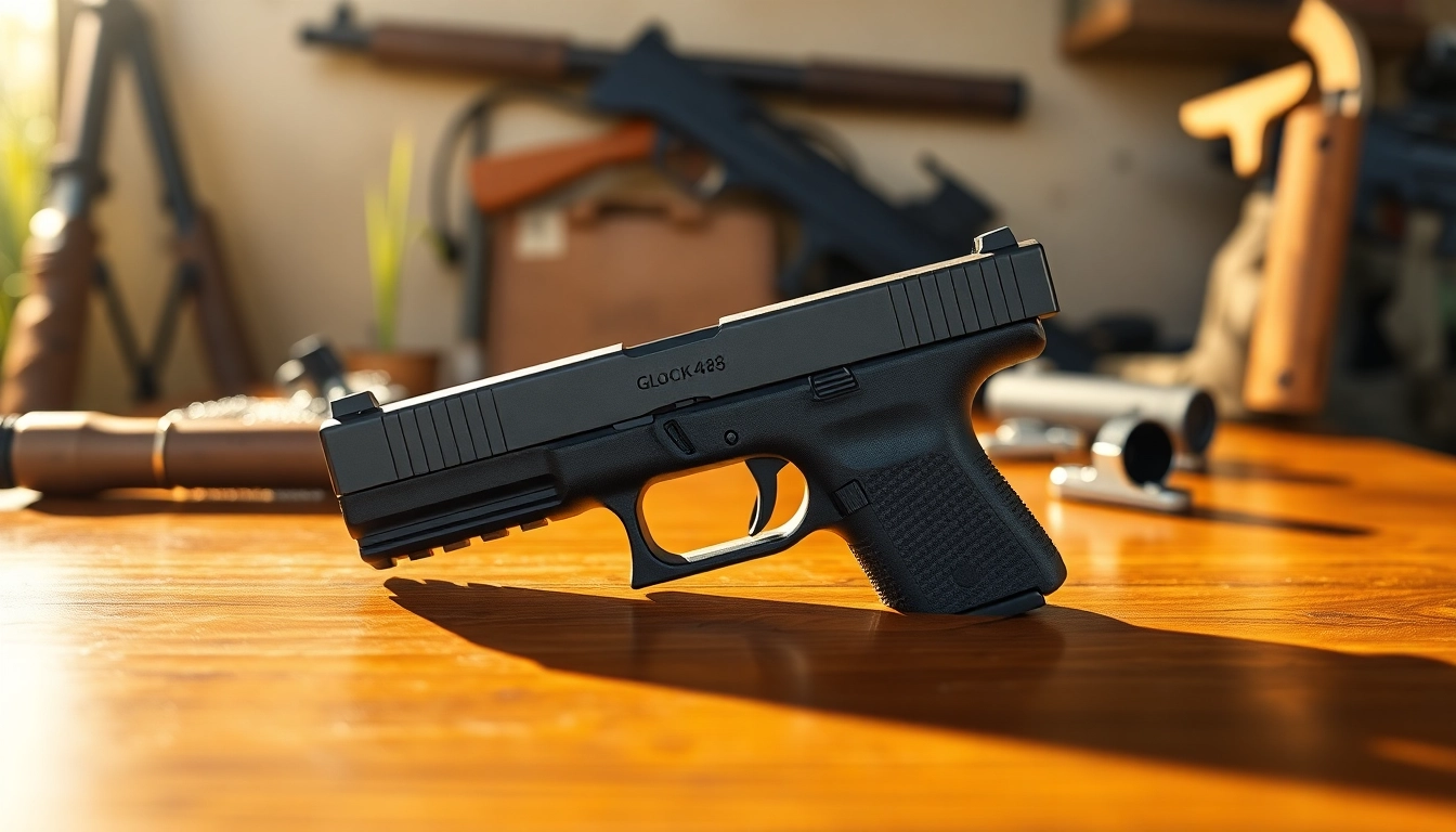 Showcasing the glock 48 mos slide complete, highlighting its design and features in a sophisticated setting.