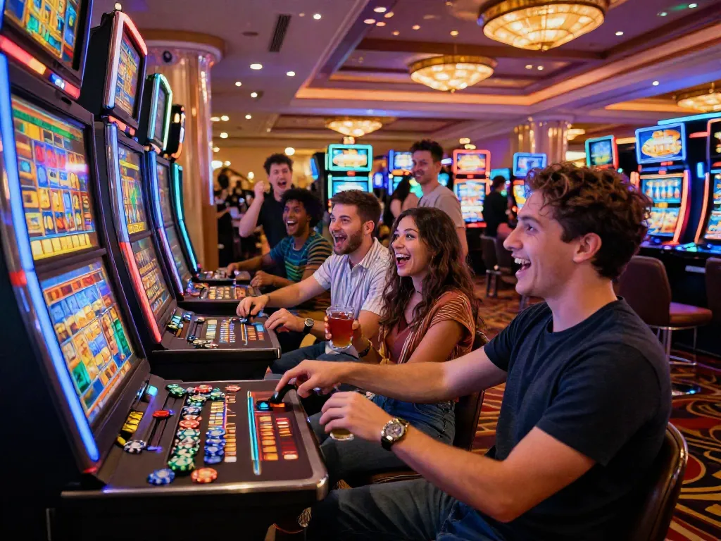 Group of friends enjoying slot gacor experience at a lively casino with bright lights.