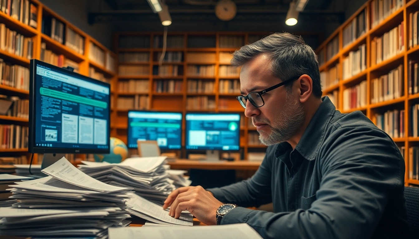Delve into internet history with a historian analyzing digital archives in a modern library.