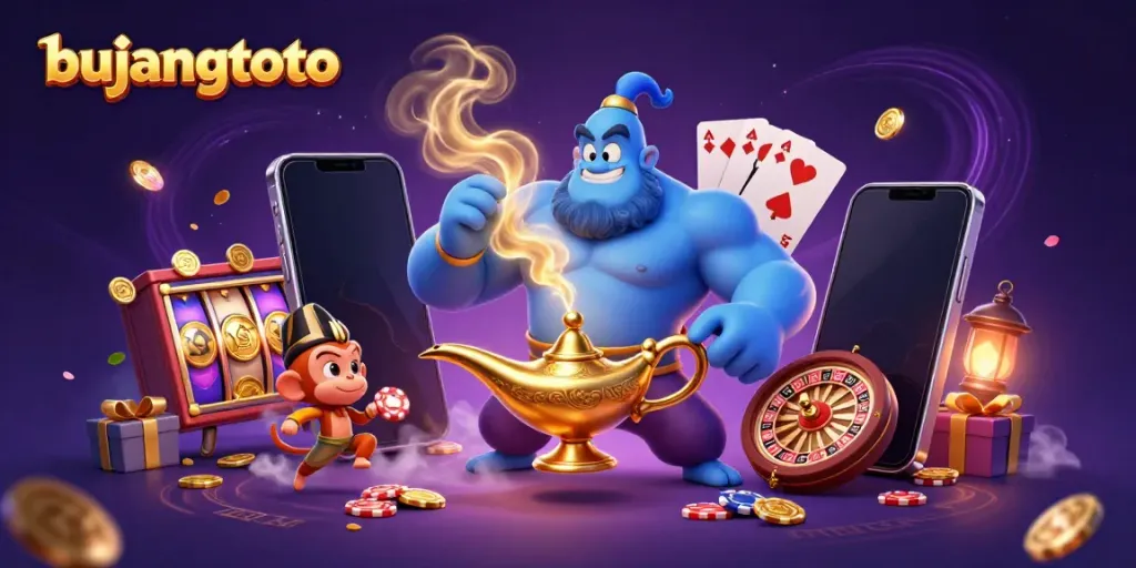Experience the magic of bujangtoto with a vibrant 3D illustration featuring a genie, monkey, and casino elements.