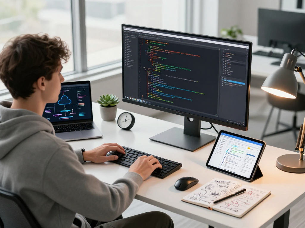 Professional tech workspace showcasing net88 software development environment with coding screens and personal touches.