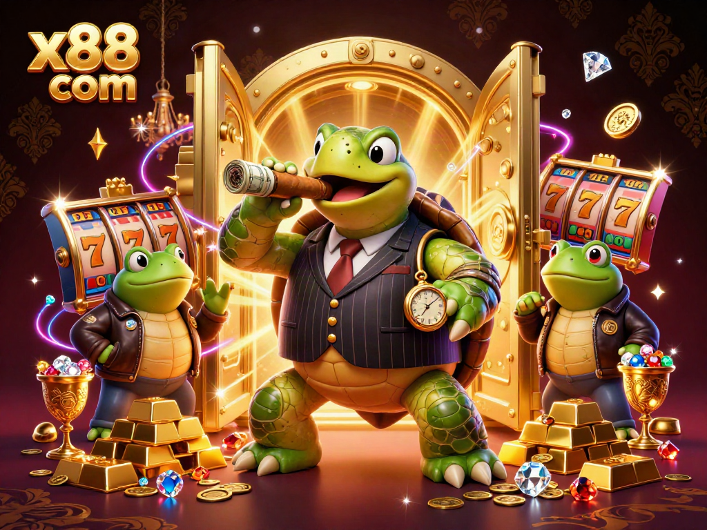 Engage with x88 com in a vibrant casino scene featuring a turtle in a mobster suit, slot reels, and treasures.