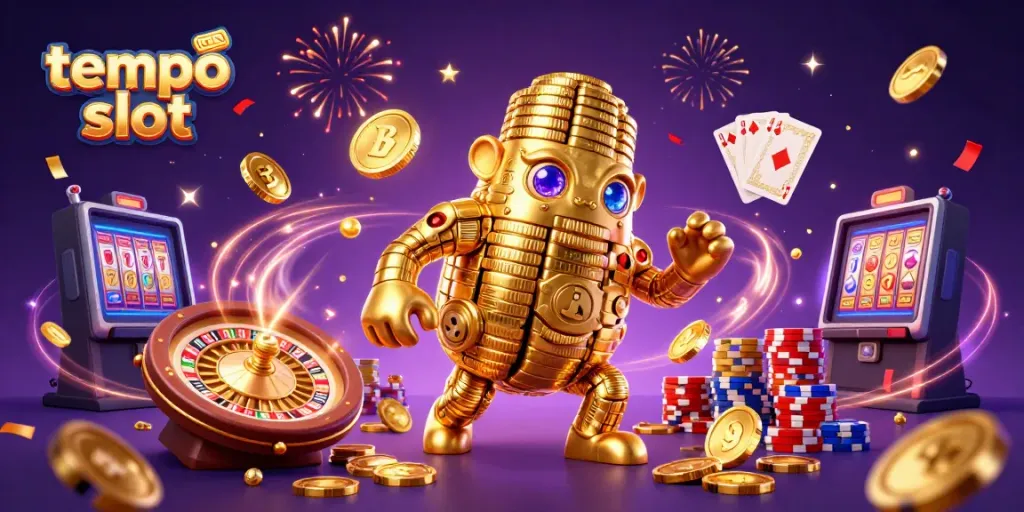 Pemain slot tempo sedang merayakan jackpot dengan koin emas berkilauan dan mesin slot bertema, meriah dan menarik.
