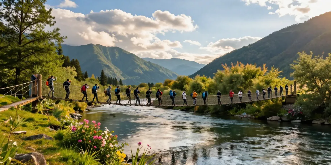 Adventurers crossing a River Rope Bridge at sunset with lush surroundings.