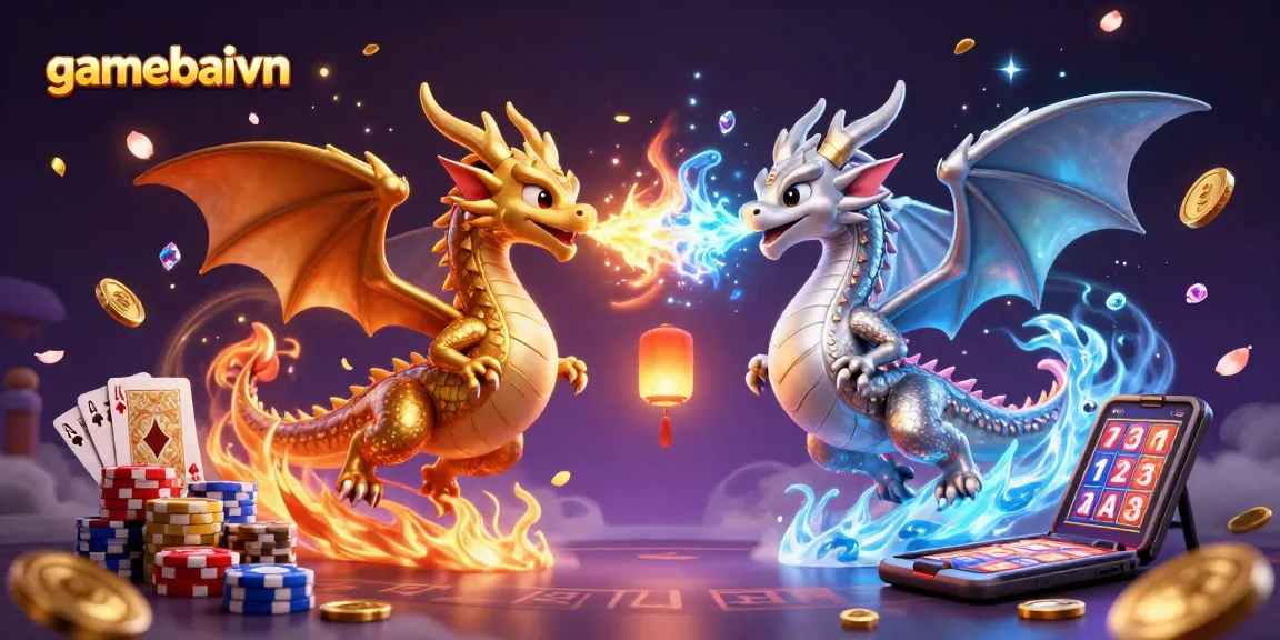 Experience thrilling poker action at gamebaivn with vibrant 3D dragons, royal flush cards, and colorful chips.