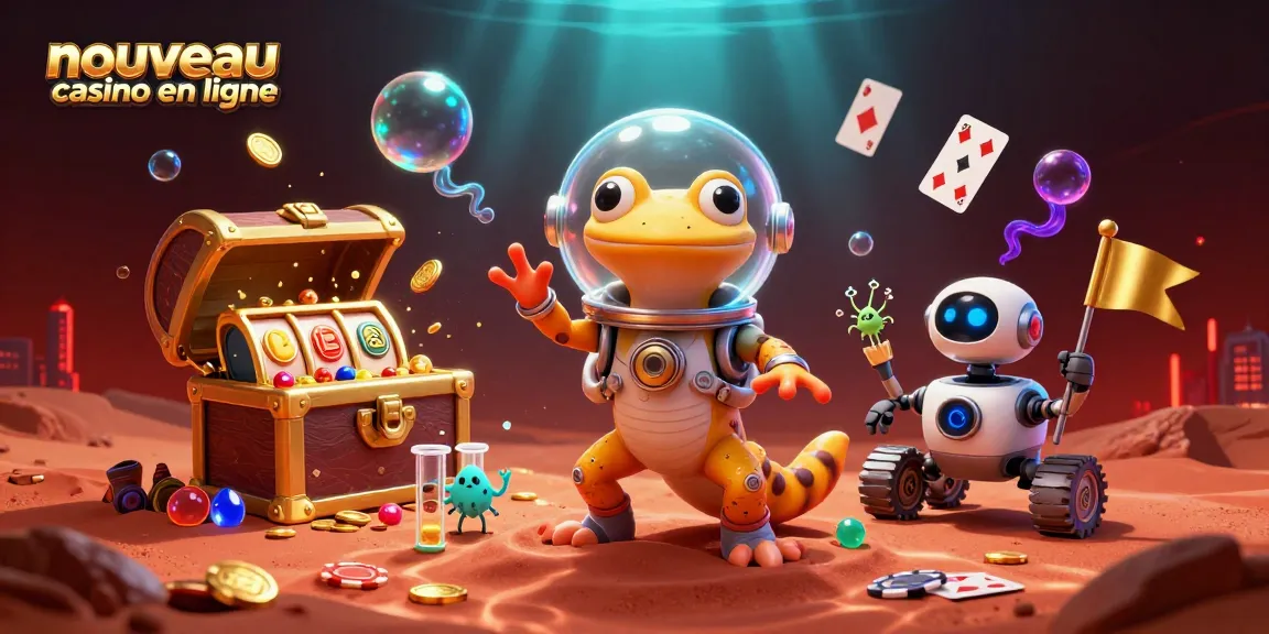 Illustration d'un nouveau casino en ligne avec un gecko martien découvrant un casino doré, entouré de jeux de casino.